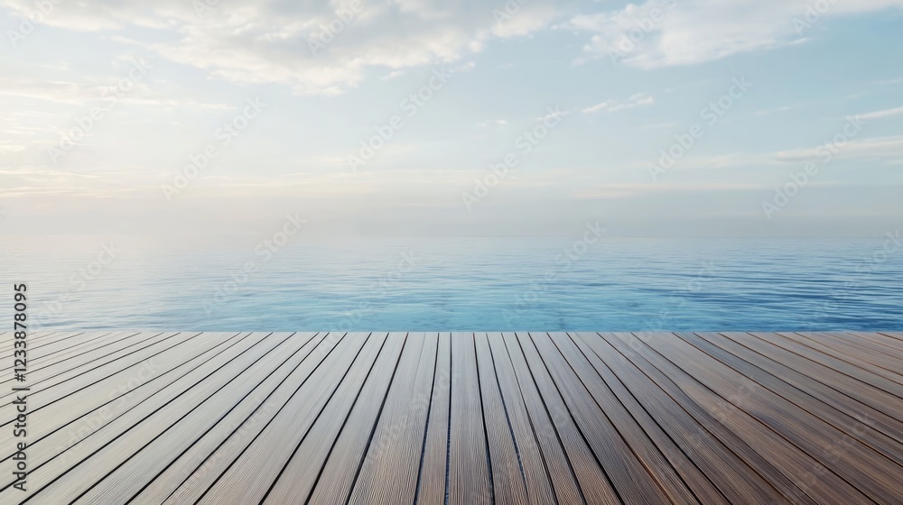 Obraz premium Wooden Deck Flooring Over Calm Blue Ocean Water with Soft Sky and Empty Space for Text for Summer Promotions or Travel Ads