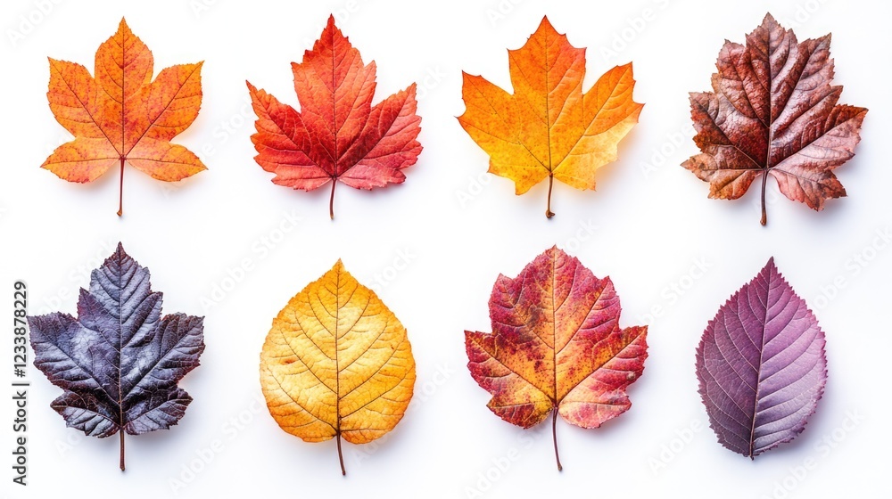 Fototapeta premium Autumn Colored Leaves Assortment on White Background with Copy Space