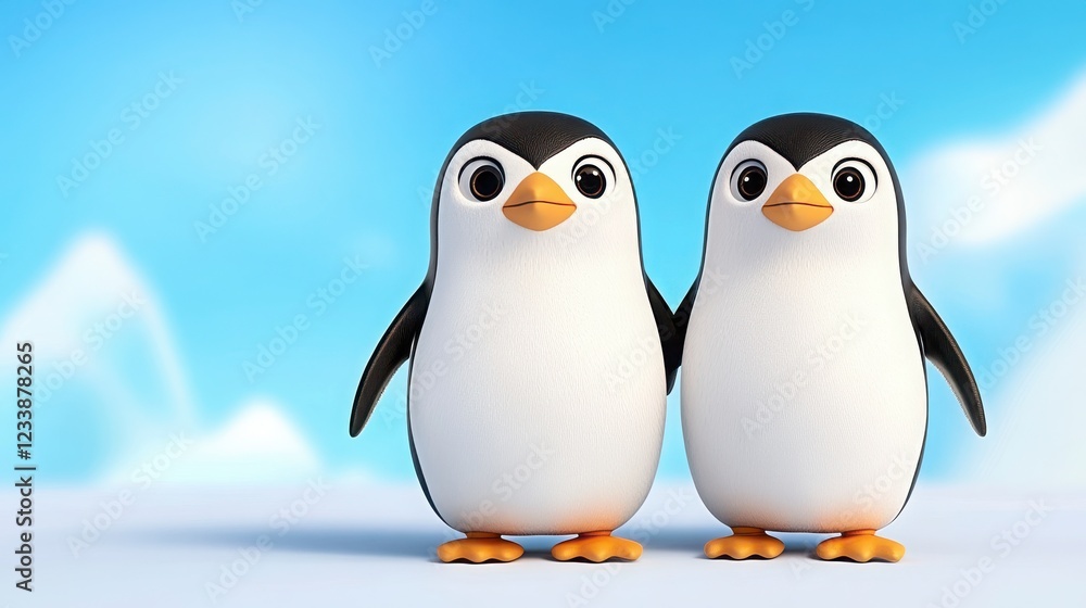 Fototapeta premium Cute cartoon penguin characters standing together in winter landscape