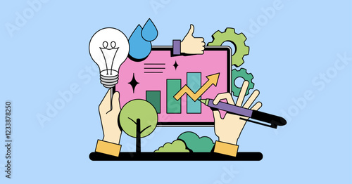 Sustainability reporting visual with hands holding a tablet, lightbulb, and pen. Neubrutalism hands concept