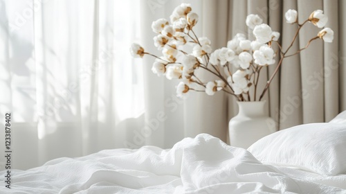 Cotton flower vase and soft white bed sheet in elegantly decorated bedroom showcasing luxury textile fabric and serene interior design elements