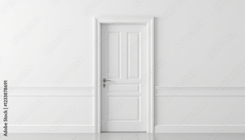 Sleek white door on a matching wall offering a path to an unknown space Sleek white door on a matching wall offering a path to an unknown space