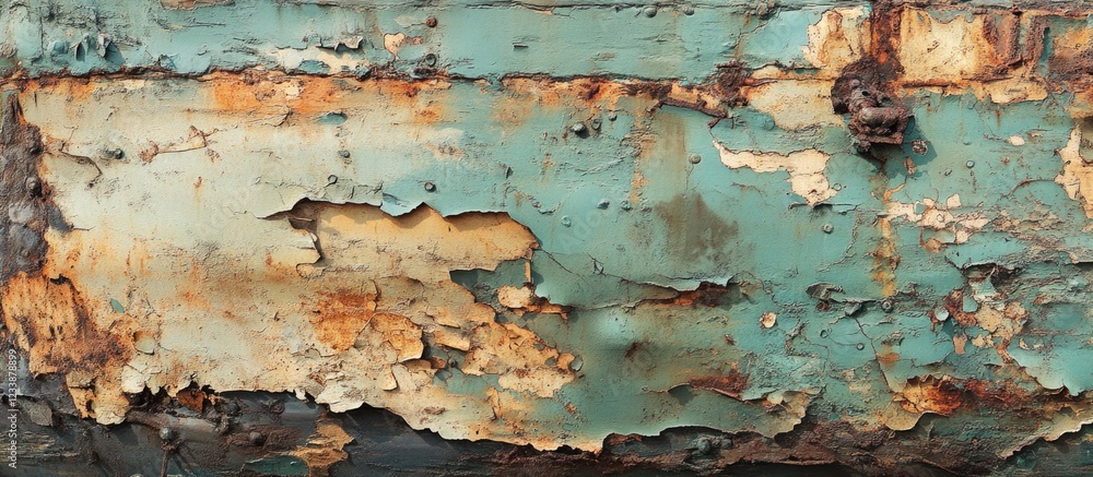 Peeling turquoise paint on weathered wood surface with rustic textures and natural wear Copy Space Peeling turquoise paint on weathered wood surface with rustic textures and natural wear Copy Space
