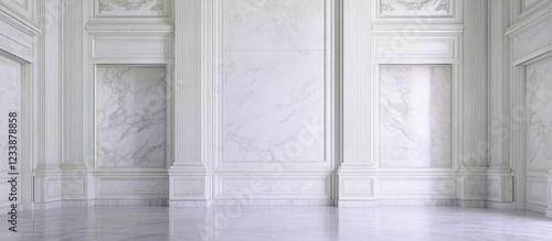 Elegant interior with classic white marble walls and a polished marble floor featuring empty space for text or design elements.