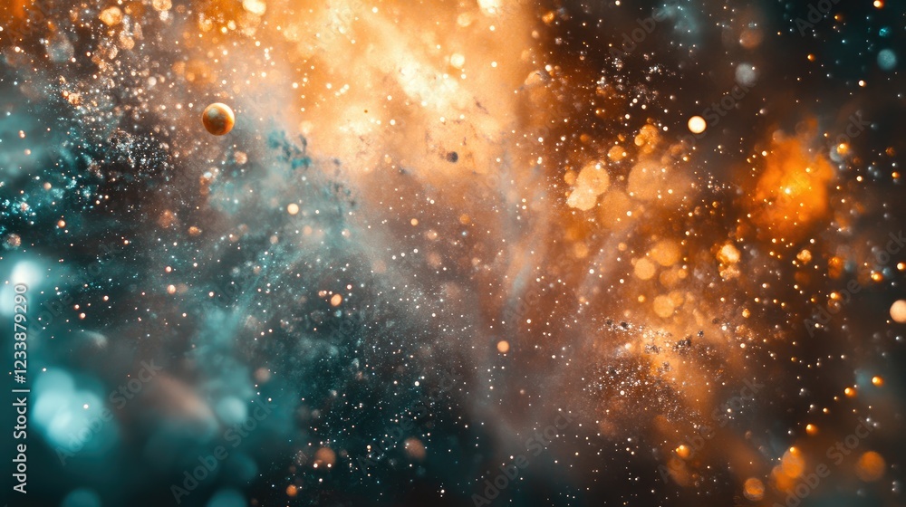 Obraz premium Cosmic nebula with vibrant colors featuring planets luminous stars and empty space for text or overlay design