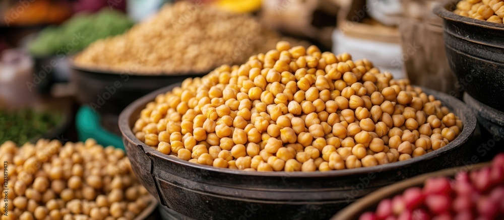 Fresh yellow chickpeas in wooden bowl at local market with various legumes and grains in background Copy Space Fresh yellow chickpeas in wooden bowl at local market with various legumes and grains in background Copy Space