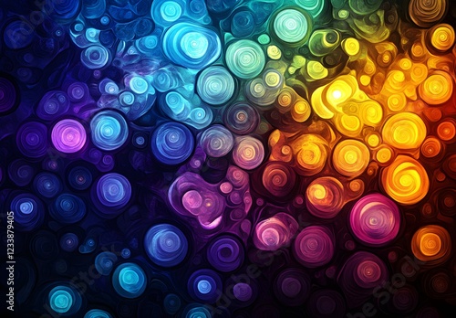 Abstract background with bubbles and swirls in dark blue, purple, brown, green, and orange colors, with a shiny, gradient background. 