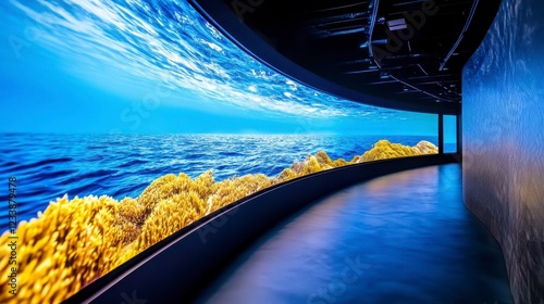 Expansive Ocean View with Coral Reef Display in Modern Gallery Space photo