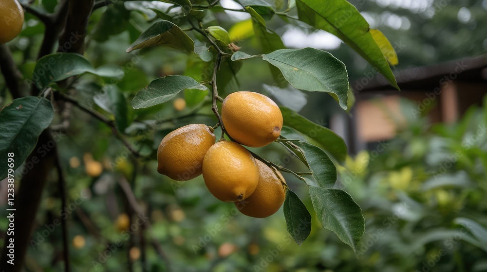 Vibrant yellow lemons nestled among lush green leaves on tree branches in a serene garden setting, showcasing natural beauty and freshness. Vibrant yellow lemons nestled among lush green leaves on tree branches in a serene garden setting, showcasing natural beauty and freshness.