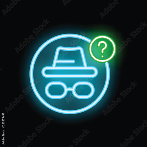 Glowing neon icon of incognito browsing mode, symbolizing anonymous internet usage with a question mark