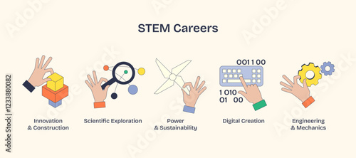 STEM careers depicted with hands holding tools like gears, magnifying glass, and wind turbine. Neubrutalism hands concept