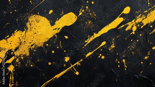 Vibrant yellow paint splatter creating an artistic explosion on a deep black textured background showcasing dynamic contrast and creative expression
