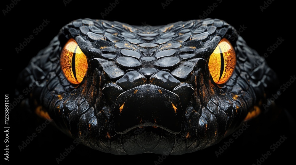Naklejka premium Macro portrait of a viper snake head featuring striking yellow and orange eyes against a black background showcasing its detailed scales and fierce expression.