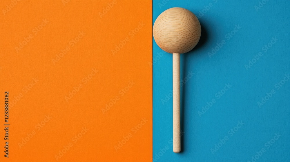 Wooden lollipop on vibrant orange and blue background playful candy theme with ample empty space for branding or text placement Wooden lollipop on vibrant orange and blue background playful candy theme with ample empty space for branding or text placement