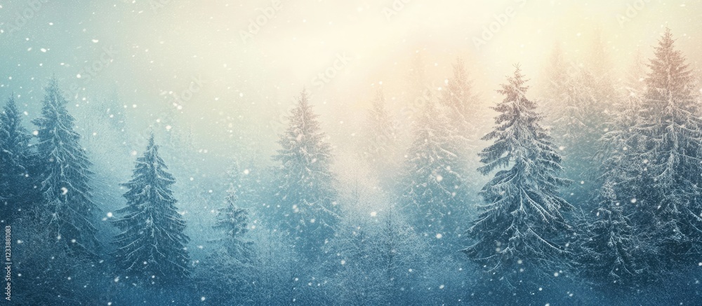 Winter landscape with snow-covered pine trees in a foggy atmosphere and soft sunlight creating a serene ambiance Copy Space Winter landscape with snow-covered pine trees in a foggy atmosphere and soft sunlight creating a serene ambiance Copy Space
