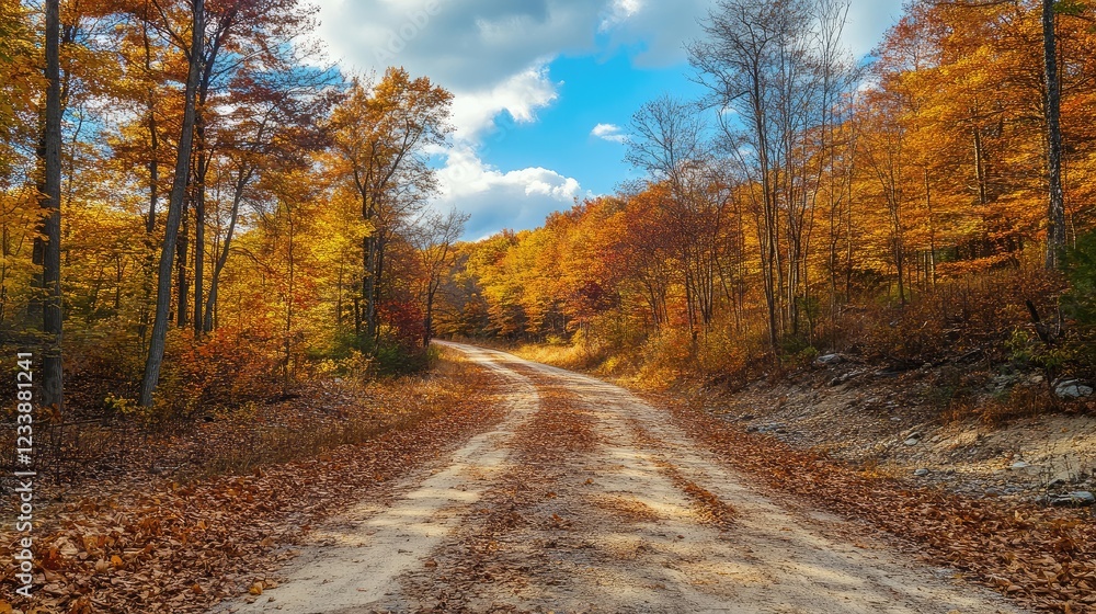 Obraz premium Scenic autumn landscape featuring a winding dirt road through a colorful forest under a vibrant blue sky with fluffy clouds.