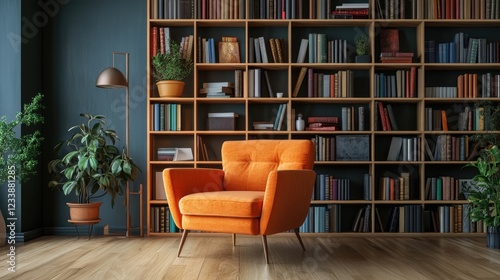 Cozy living room featuring a modern orange chair  bookshelves filled with books  and greenery for a warm  inviting atmosphere.