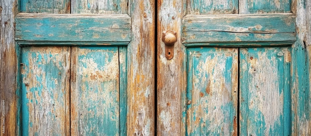 Weathered wooden door with faded turquoise paint and deteriorating texture for architectural and vintage design Copy Space Weathered wooden door with faded turquoise paint and deteriorating texture for architectural and vintage design Copy Space