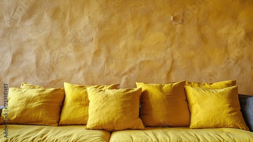 Minimalist interior design featuring a vibrant yellow sofa adorned with harmonizing cushions against a warm textured plaster wall, bathed in natural light.