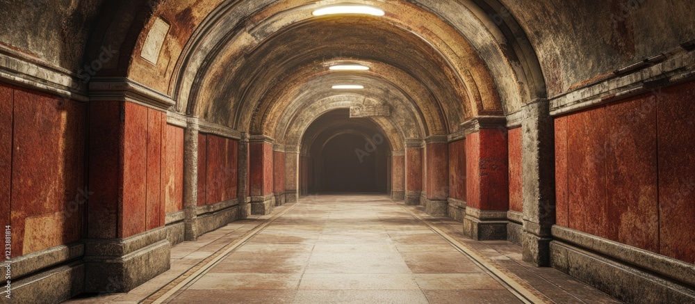 Obraz premium Abandoned Subway Station Hallway with Ceiling View and Empty Space for Text Usage
