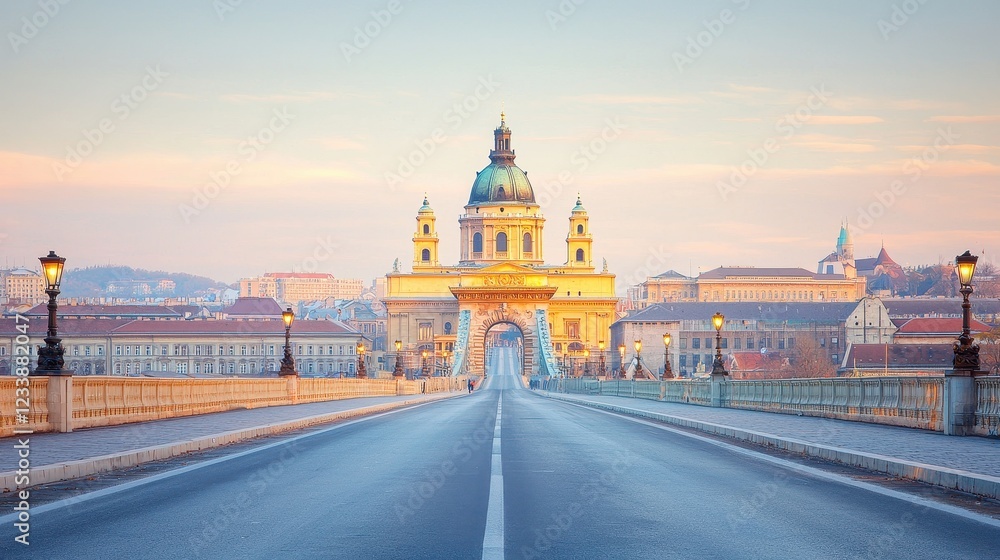 Fototapeta premium Beautiful Sunrise Over Historic City Bridge Scene