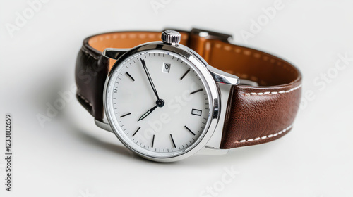 Wallpaper Mural A classic wristwatch with a leather strap lying flat on a smooth white background Torontodigital.ca