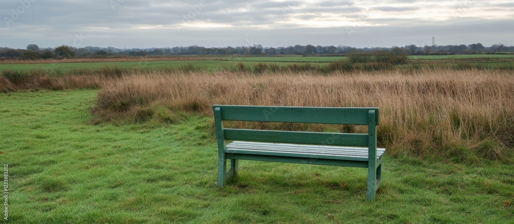 Wooden bench overlooking grassy field with cloudy sky background, rural landscape scene. Wooden bench overlooking grassy field with cloudy sky background, rural landscape scene.