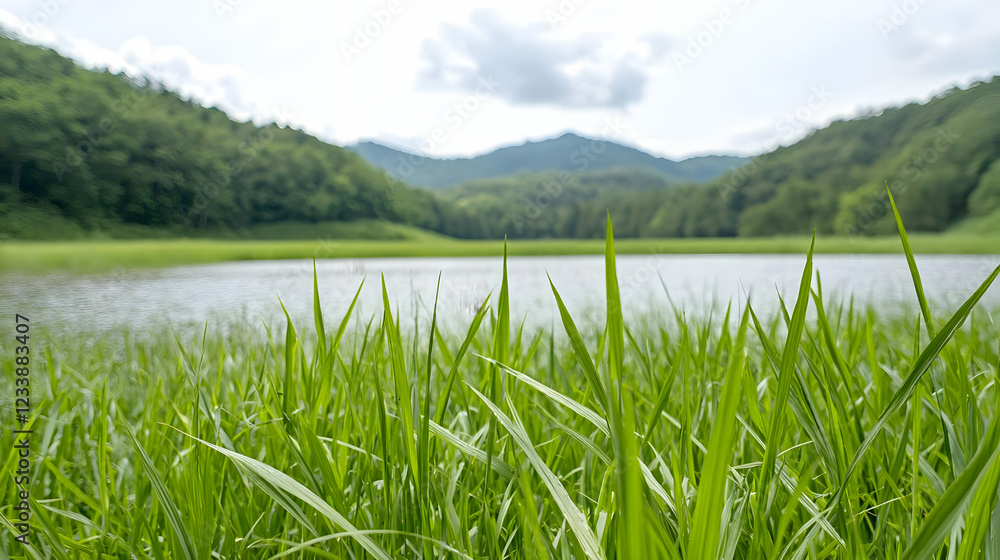 Serene lake, lush grass, mountain view, tranquil nature scene, ideal for travel brochures Serene lake, lush grass, mountain view, tranquil nature scene, ideal for travel brochures
