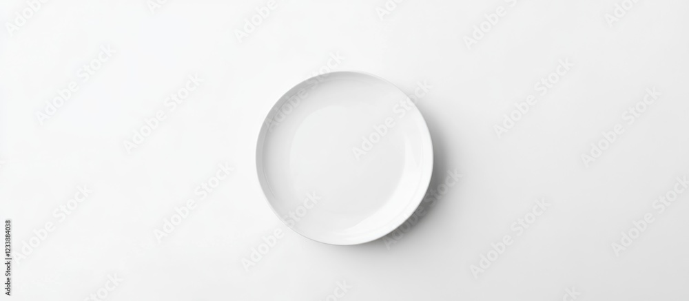 Minimalistic white plate isolated on white background with ample Copy Space for design applications Minimalistic white plate isolated on white background with ample Copy Space for design applications