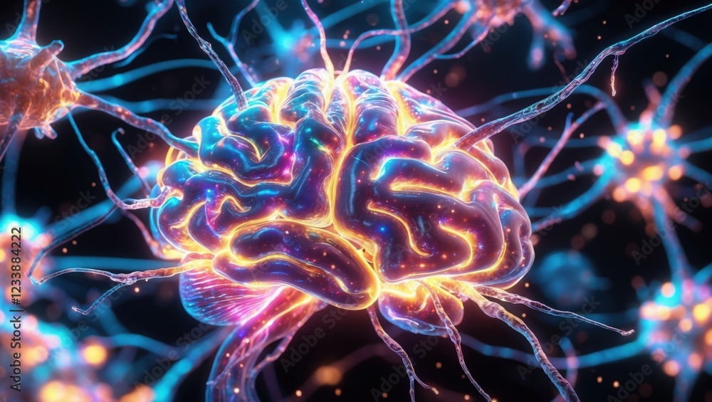 Obraz premium Glowing Human Brain Neural Network 3d Render