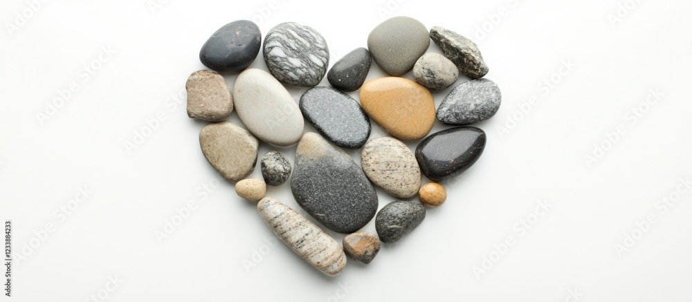 Heart-Shaped Pebble Arrangement on White Background with Ample Copy Space Heart-Shaped Pebble Arrangement on White Background with Ample Copy Space