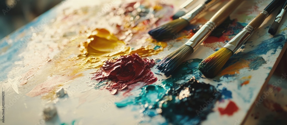 Fototapeta premium Artist paint palette with colorful paints and brushes in natural light Copy Space