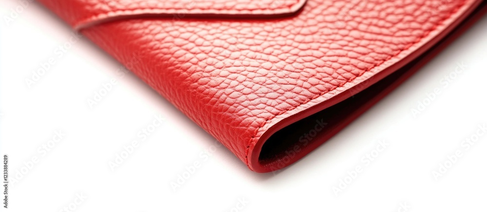 Red leather wallet close-up on white background with detailed texture and soft corners, Copy Space for text placement Red leather wallet close-up on white background with detailed texture and soft corners, Copy Space for text placement