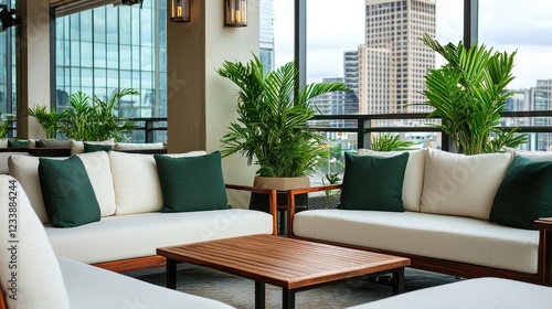 Modern Lounge Area with Green Plants and City View