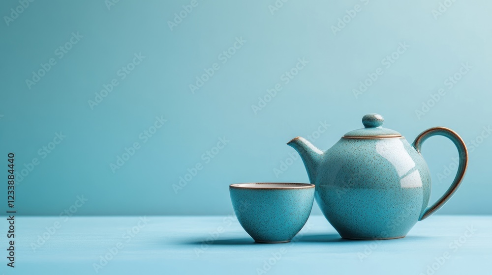 Ceramic teal teapot with matching cup on a blue surface against a light blue background with Copy Space Ceramic teal teapot with matching cup on a blue surface against a light blue background with Copy Space