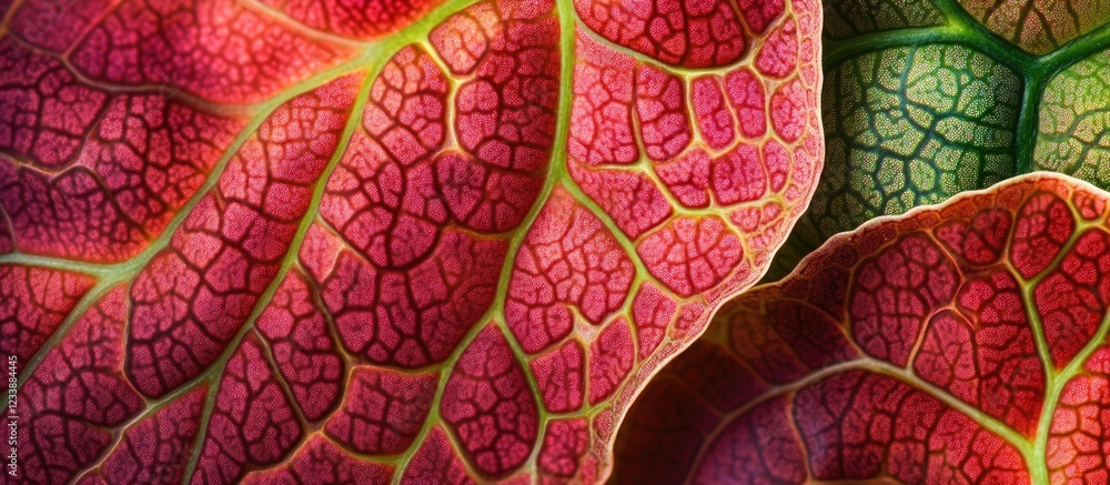 Obraz premium Close-up of vibrant multi-colored plant leaves with intricate vein patterns and textures Copy Space