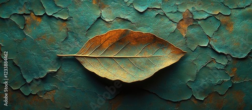 Leaf on textured turquoise background with peeling paint and rustic finish, highlighting organic and natural elements, Copy Space. photo