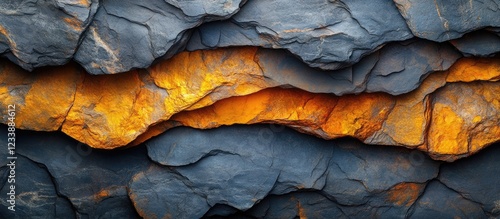 Textured layered rock background featuring dark slate and bright orange mineral veins with ample copy space. photo