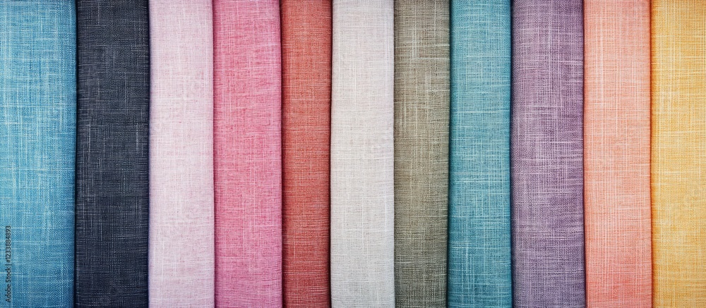 Fototapeta premium Colorful fabric swatches arranged in a row displaying various textile textures and colors with Copy Space for design purposes