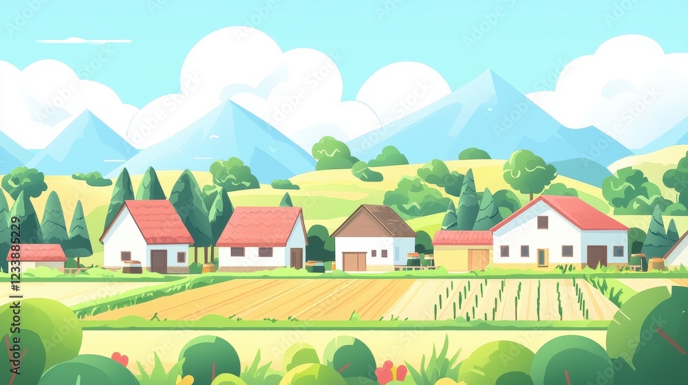 Naklejka premium Idyllic Village Scene with Rolling Hills and Farmland