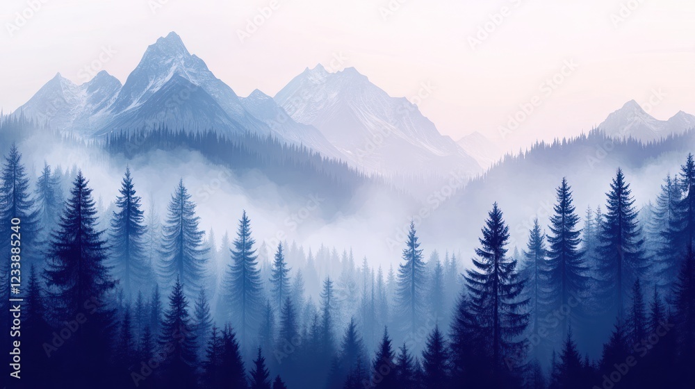 Misty mountain forest sunrise, scenic view, peaceful landscape, travel poster Misty mountain forest sunrise, scenic view, peaceful landscape, travel poster