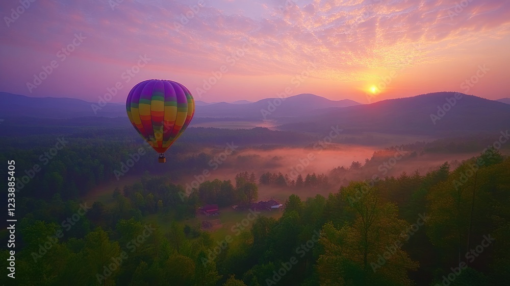 Fototapeta premium Sunrise Hot Air Balloon Flight Over Misty Mountains