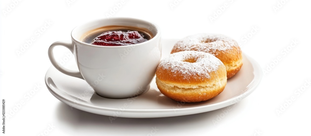 Coffee cup with black coffee served beside two powdered sugar donuts on a white plate with Copy Space Coffee cup with black coffee served beside two powdered sugar donuts on a white plate with Copy Space