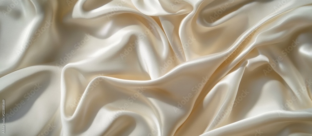 Fototapeta premium Satin fabric texture close up with soft waves and natural folds in light cream color Copy Space