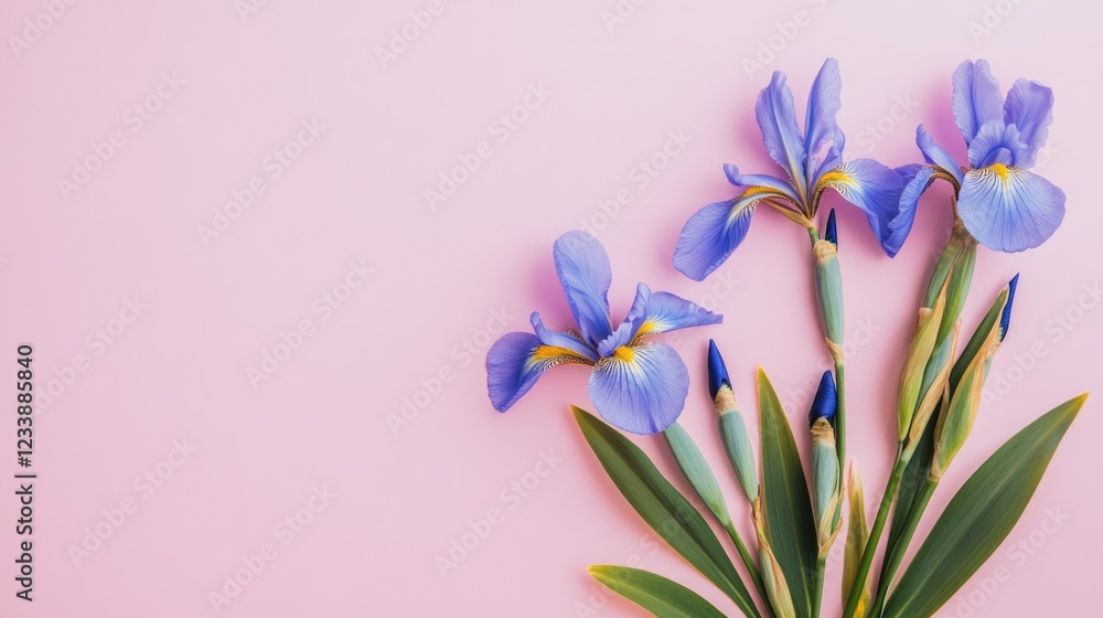 Naklejka premium Purple Iris Flowers on Pink Background with Copy Space