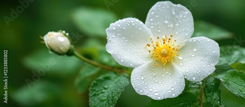 White flower with yellow center and water droplets on petals surrounded by green leaves and a bud in a natural setting Copy Space