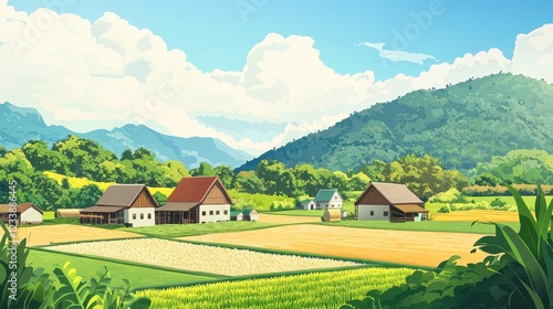 Sunny Day Village Scene Amidst Lush Green Fields and Mountains