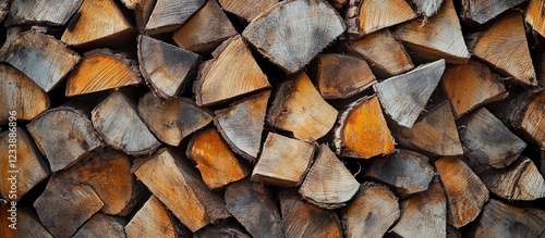 Stack of cut firewood pieces arranged in a pile with visible texture and color variations photo