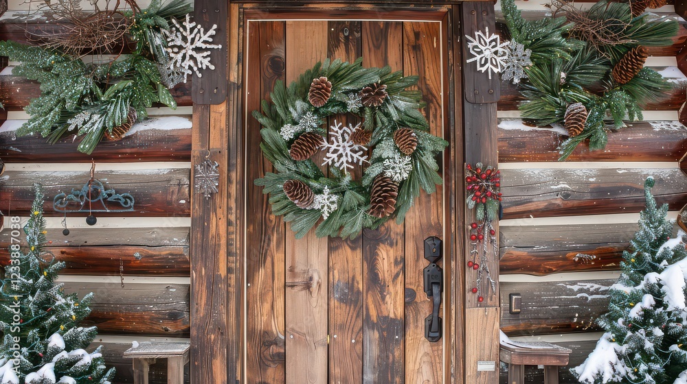 A rustic cabin door adorned with 2025-themed pinecone wreaths, snowflakes, and evergreen branches A rustic cabin door adorned with 2025-themed pinecone wreaths, snowflakes, and evergreen branches