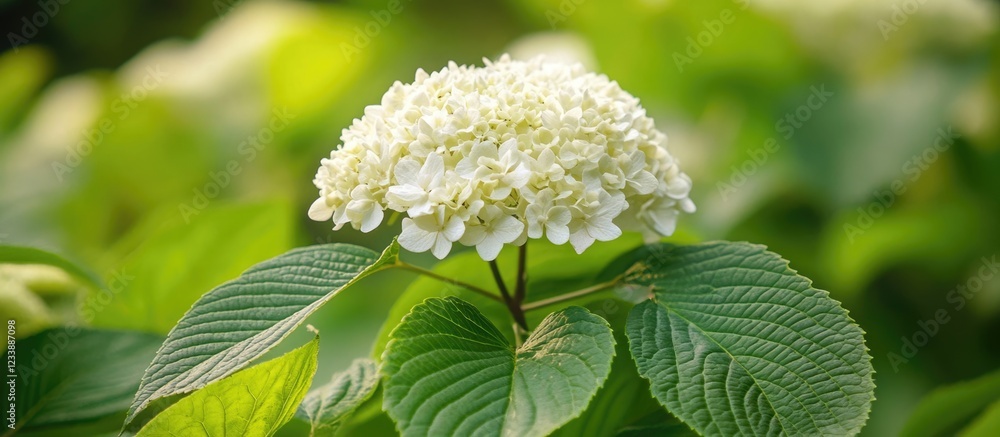 White Hydrangea Flower Blooming with Green Leaves in Garden Setting